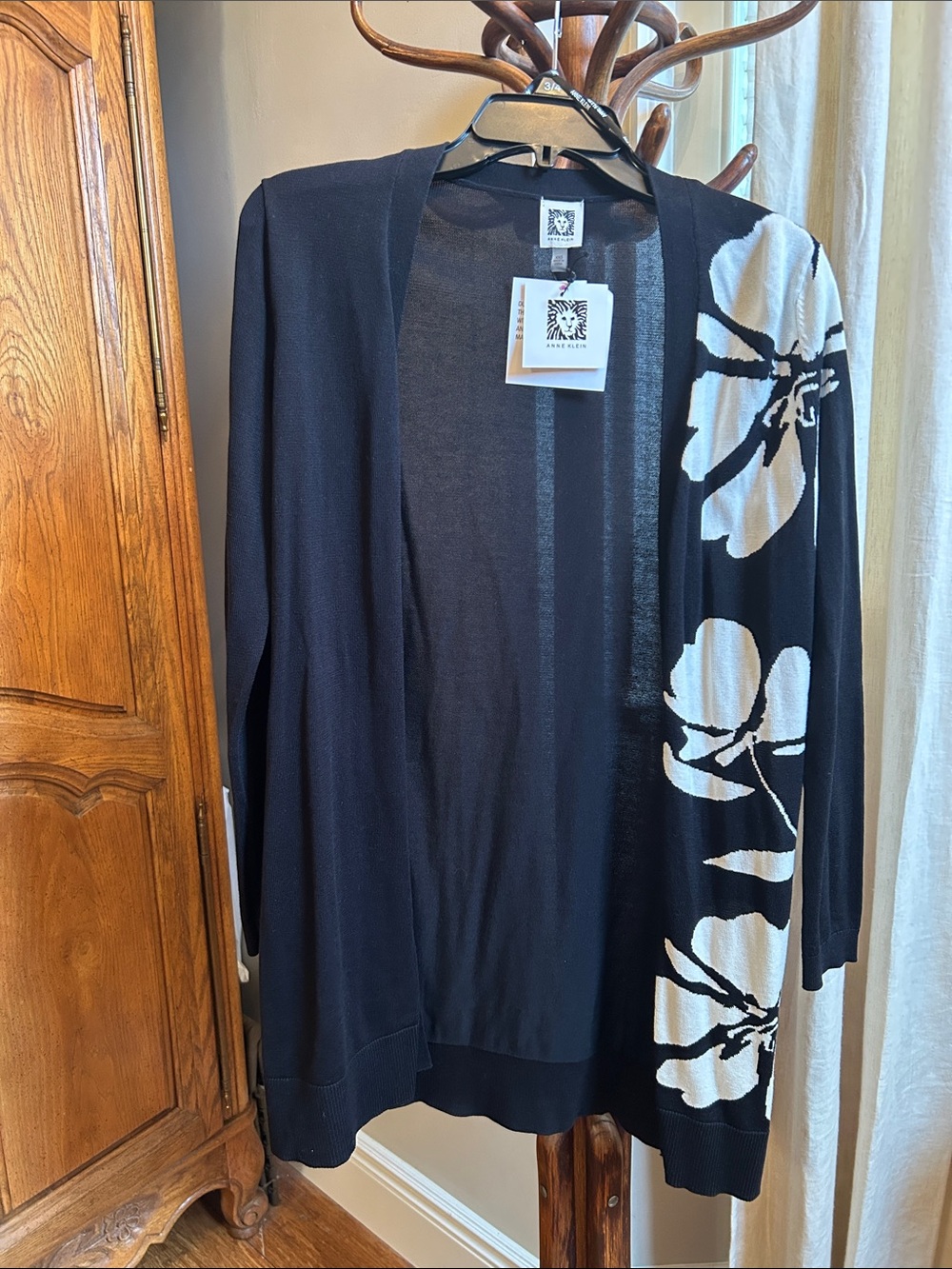 Anne Klein Black Open-Front Cardigan with White Floral Accent
